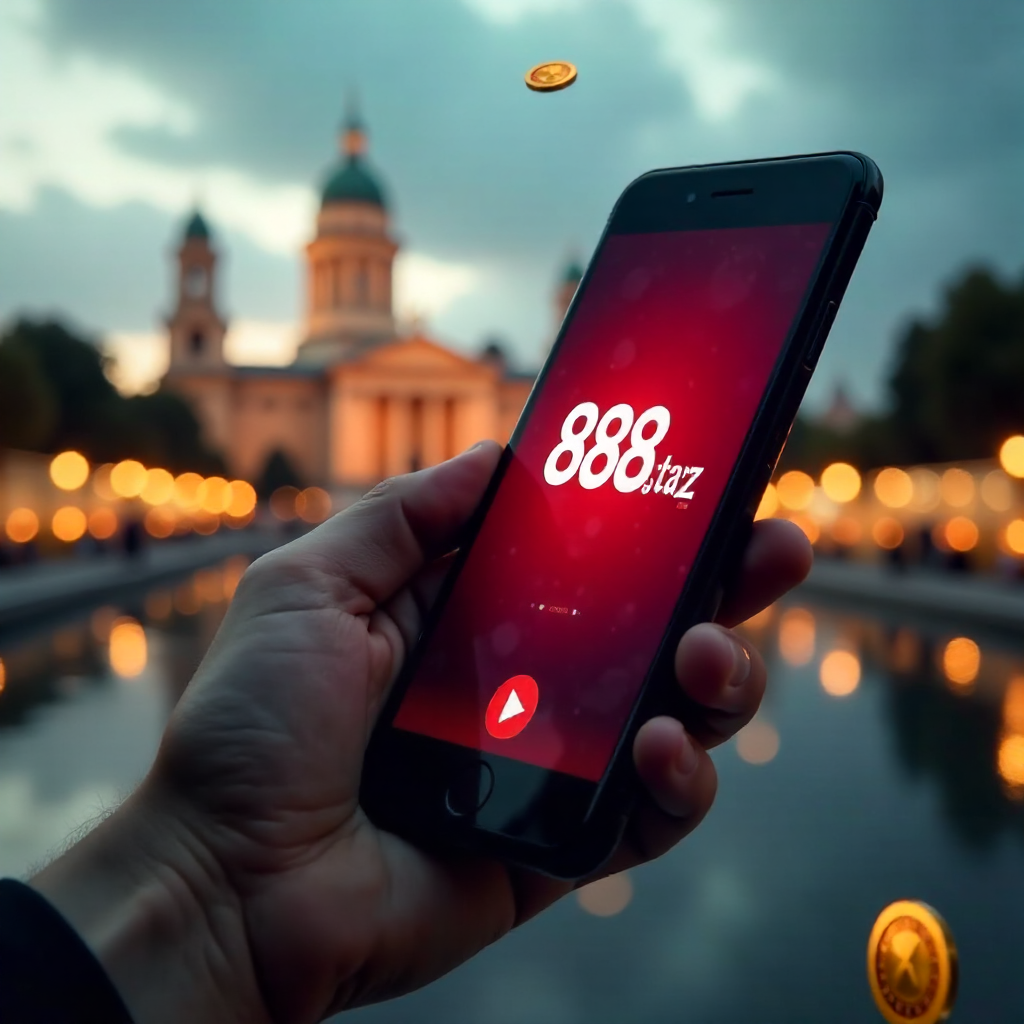 A premium smartphone held in a hand featuring the 888starz app, with the Palace of Culture and Science in Warsaw in the background, official red and white brand colors, 3D flying golden coins and roulette elements, cinematic lighting, 8k.